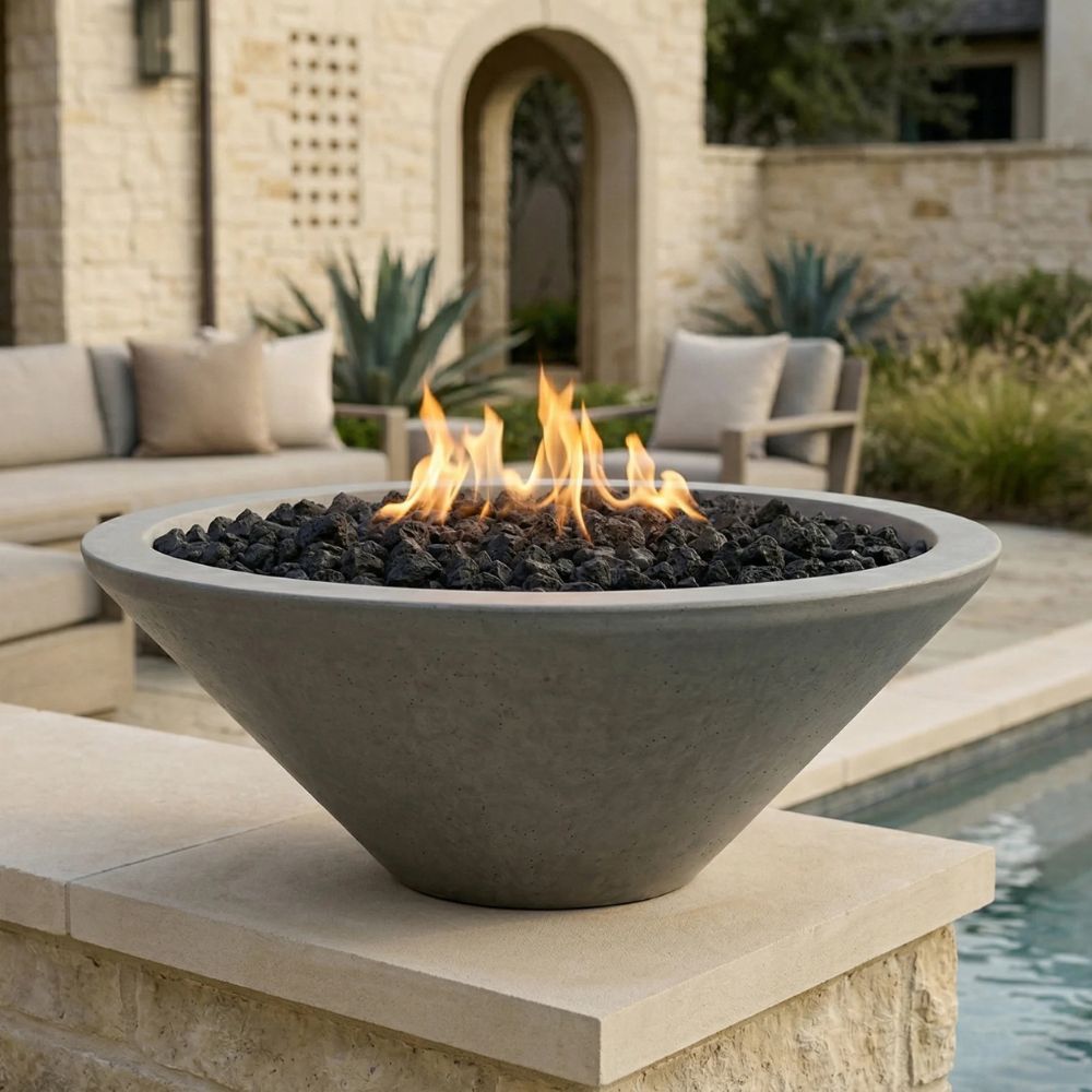 Embarcadero 31" Pedestal Round Concrete Fire Bowl – Lightweight Outdoor Gas Fire Pit (65,000 BTU)