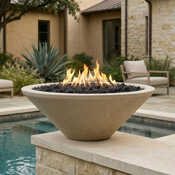 Embarcadero 31" Pedestal Round Concrete Fire Bowl – Lightweight Outdoor Gas Fire Pit (65,000 BTU)