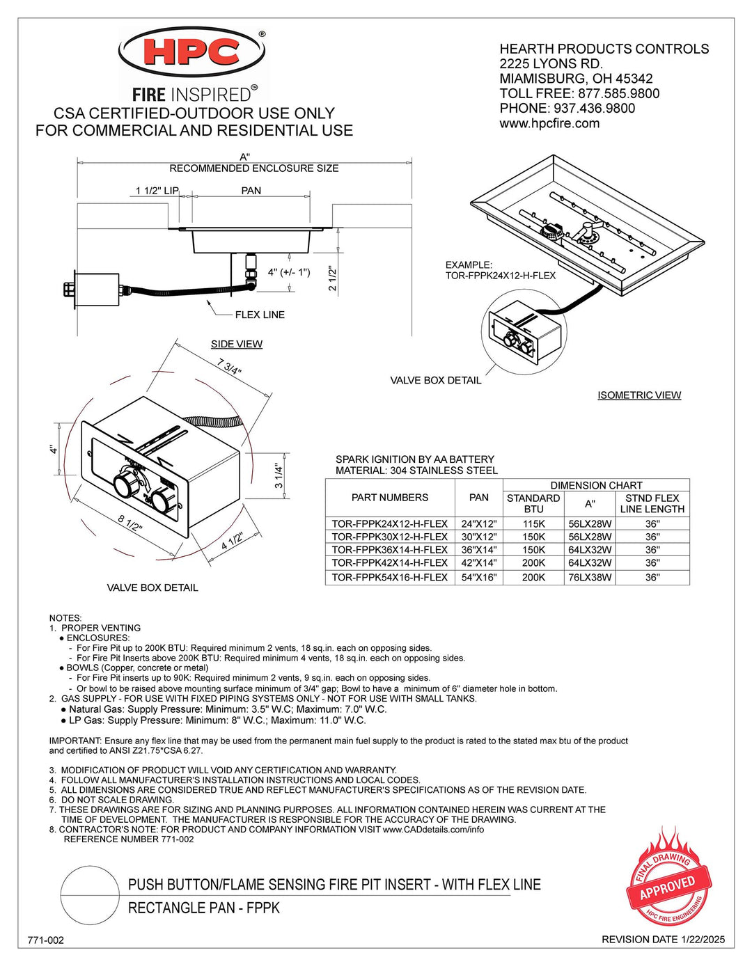 HPC 24 X 12" Rectangle Bowl - SST Torpedo Push Button Flame Sensing Insert - Natural Gas Fuel