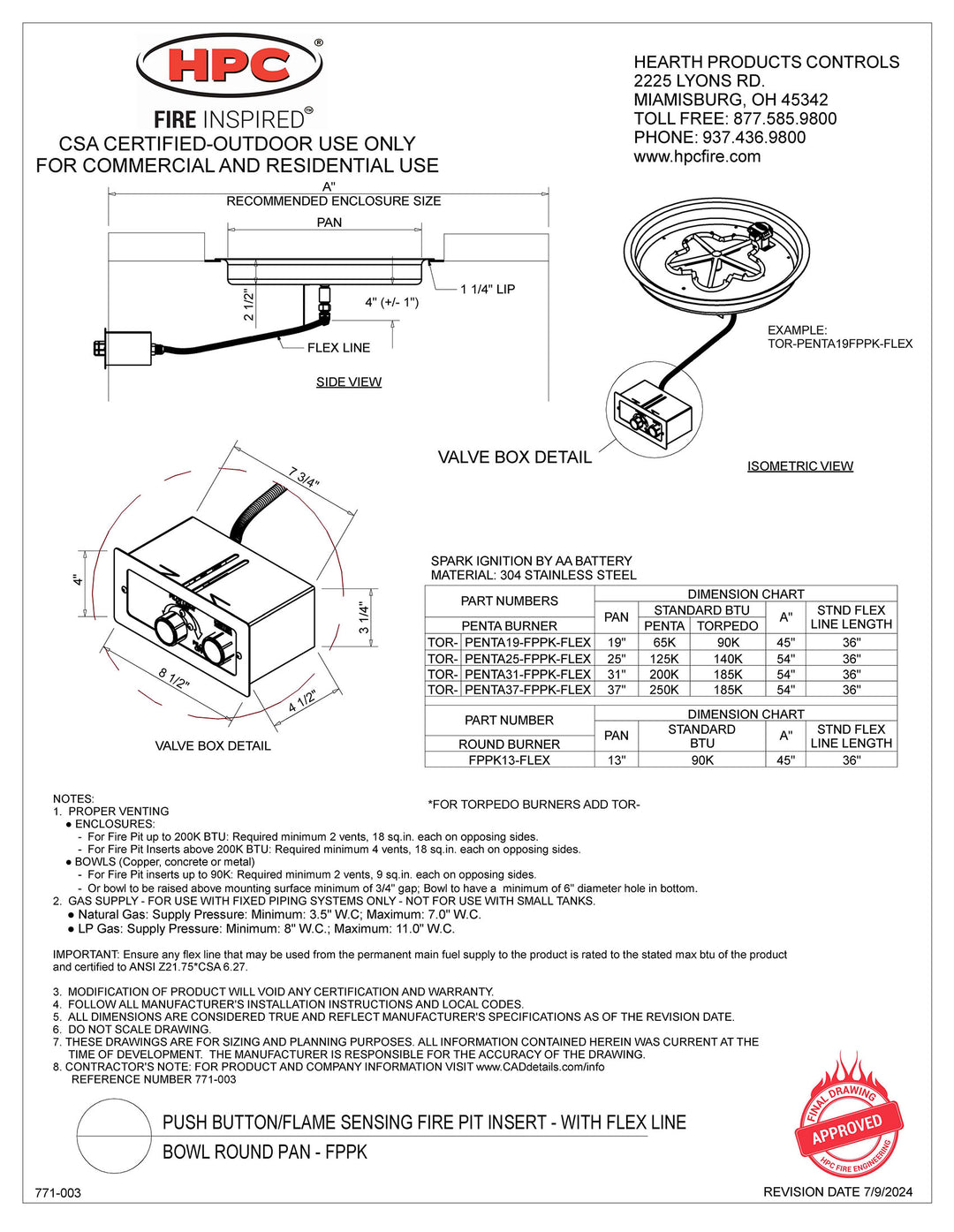 HPC - 19" Round Bowl Pan Insert with Penta Burner - Push Button Ignition - Propane Fuel