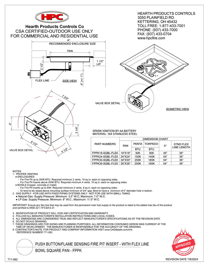 HPC 18" Square Bowl - Push Button Ignition Flame Sensing Insert - Propane Fuel (Small Tank)