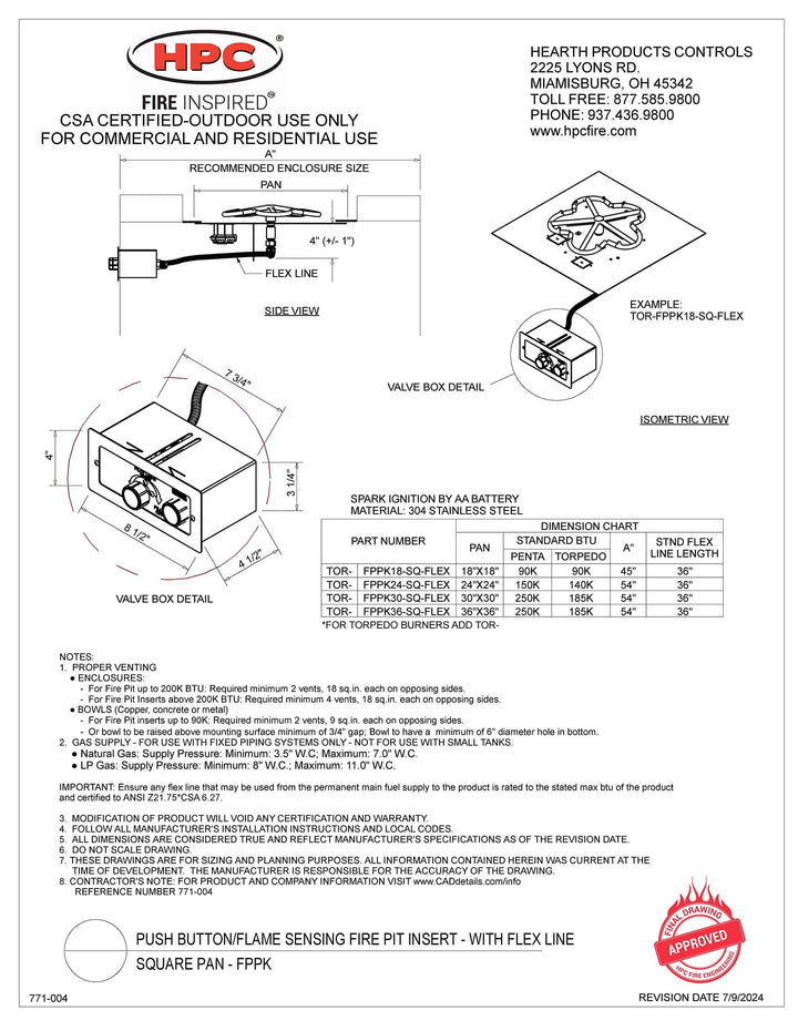 HPC 36" Square Flat Pan - Push Button Ignition Flame Sensing Insert - Natural Gas Fuel