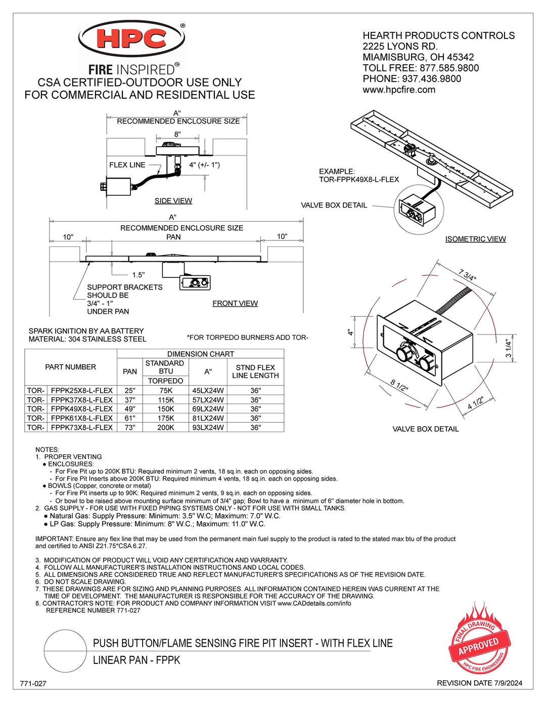 HPC 73" X 8" Linear Interlink SST Torpedo Push Button Ignition Flame Sensing Insert - Propane Fuel