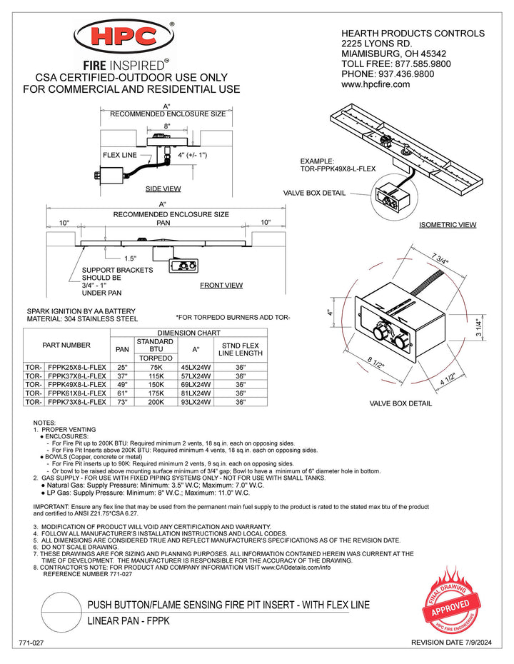HPC 73" X 8" Linear Interlink SST Torpedo Push Button Ignition Flame Sensing Insert - Propane Fuel