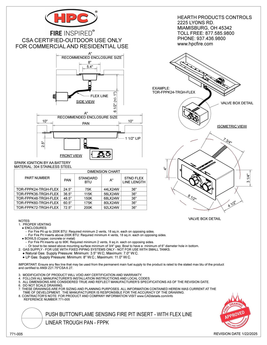 HPC 24" Linear Trough SST Torpedo Push Button Ignition Flame Sensing Insert - Propane Fuel (Small Tank)