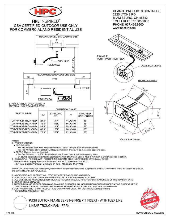 HPC 24" Linear Trough SST Torpedo Push Button Ignition Flame Sensing Insert - Propane Fuel (Small Tank)