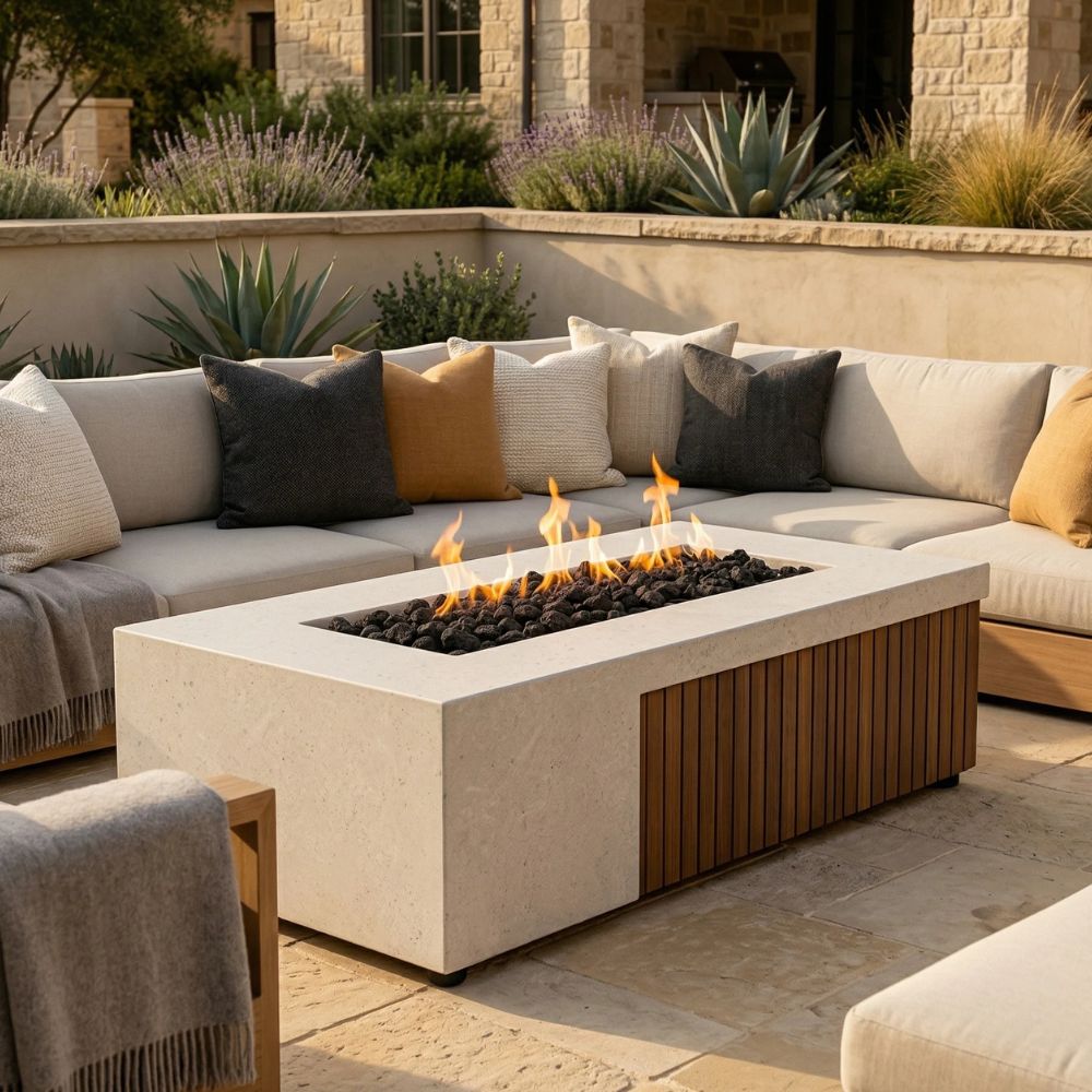 Fairmont Fire Table – 72" Rectangular Gas Fire Pit with Brazilian Hardwood & Concrete (65,000 BTUs, Propane/Natural Gas)