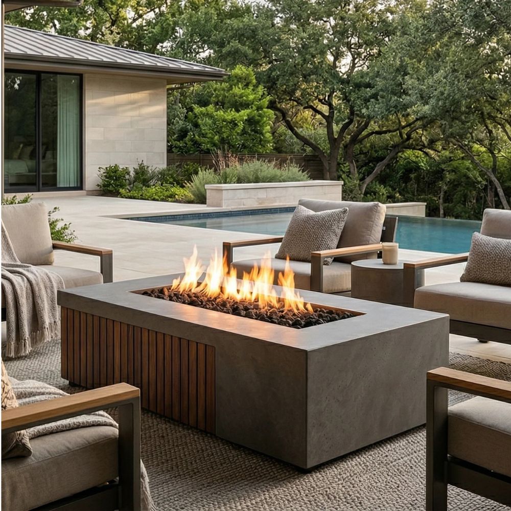 Fairmont Fire Table – 72" Rectangular Gas Fire Pit with Brazilian Hardwood & Concrete (65,000 BTUs, Propane/Natural Gas)