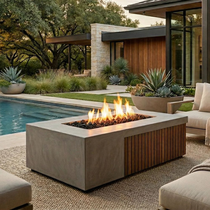 Fairmont Fire Table – 72" Rectangular Gas Fire Pit with Brazilian Hardwood & Concrete (65,000 BTUs, Propane/Natural Gas)