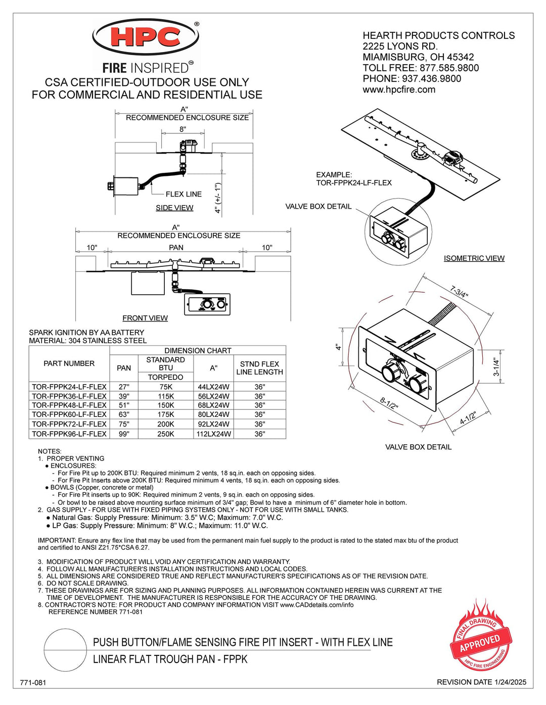 HPC 48" Linear Flat SST Torpedo Push Button Ignition Flame Sensing Insert - Propane Fuel