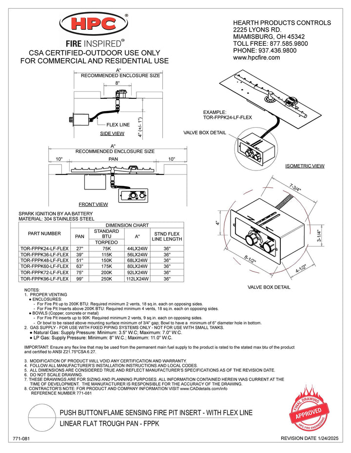 HPC 48" Linear Flat SST Torpedo Push Button Ignition Flame Sensing Insert - Propane Fuel