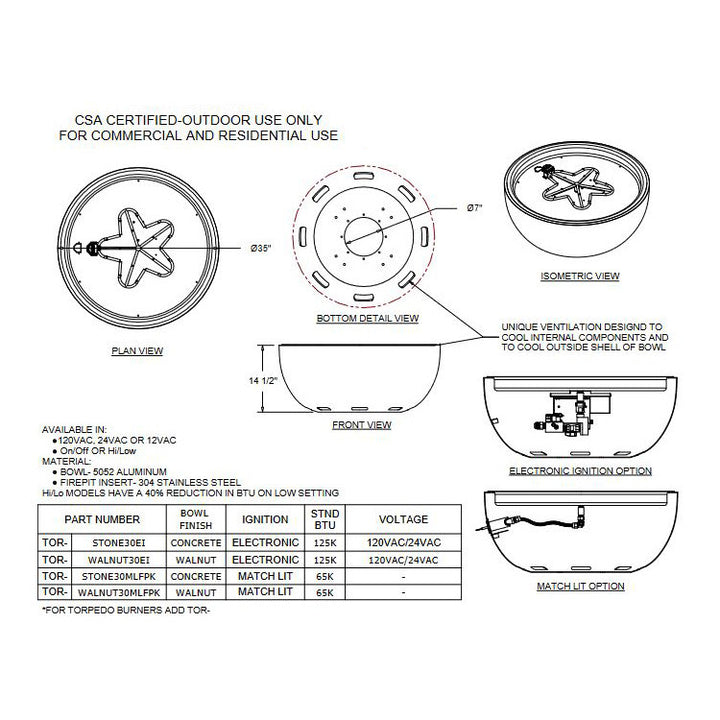 HPC 35" Round x 14.5" H Aluminum Spun Fire Bowl Walnut Finish – Electronic Ignition (24VAC or 120VAC, Natural Gas or Propane)