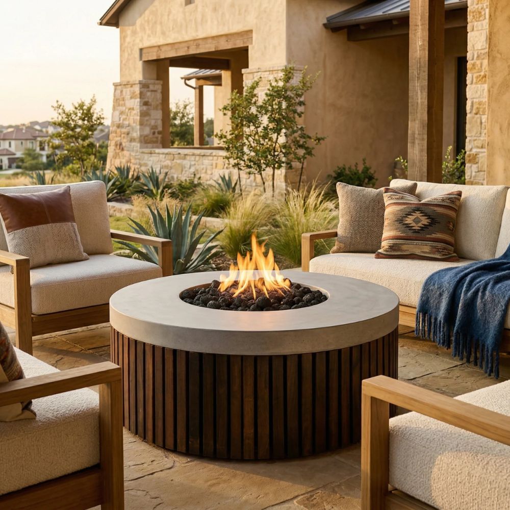 Hampton Fire Bowl – 48" Round Gas Fire Pit with Brazilian Hardwood & Concrete (65,000 BTUs, Propane/Natural Gas)