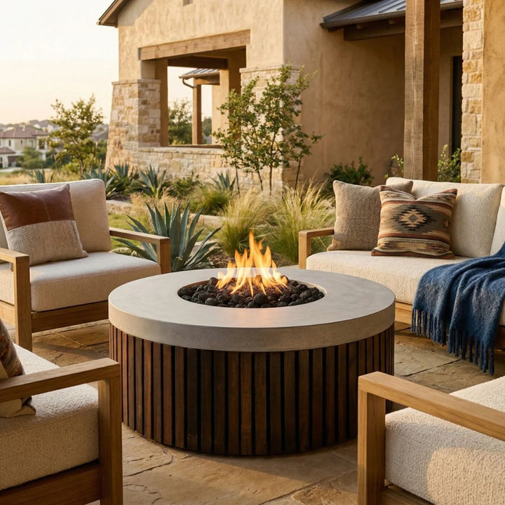 Hampton Fire Bowl – 48" Round Gas Fire Pit with Brazilian Hardwood & Concrete (65,000 BTUs, Propane/Natural Gas)