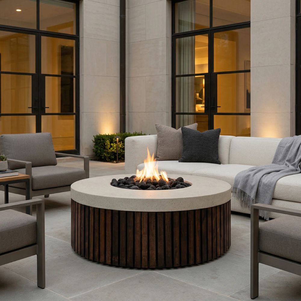 Hampton Fire Bowl – 48" Round Gas Fire Pit with Brazilian Hardwood & Concrete (65,000 BTUs, Propane/Natural Gas)