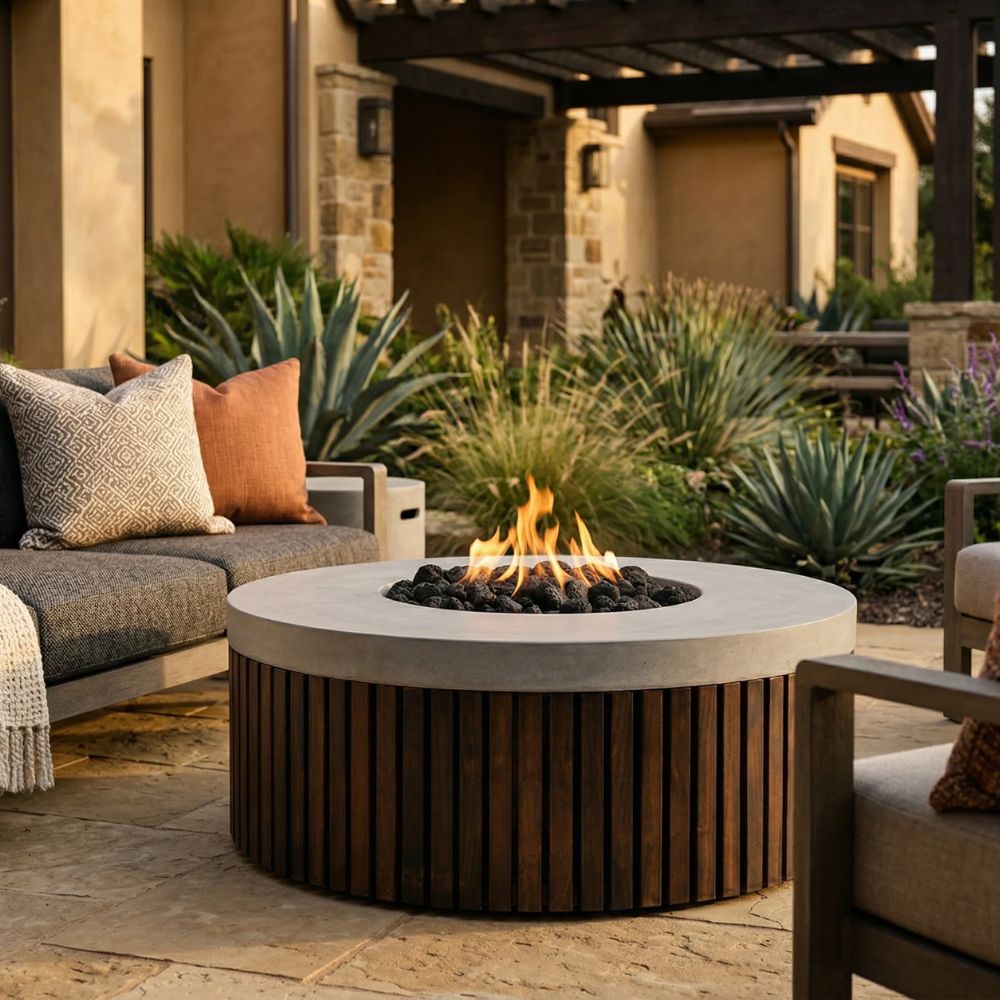 Hampton Fire Bowl – 48" Round Gas Fire Pit with Brazilian Hardwood & Concrete (65,000 BTUs, Propane/Natural Gas)