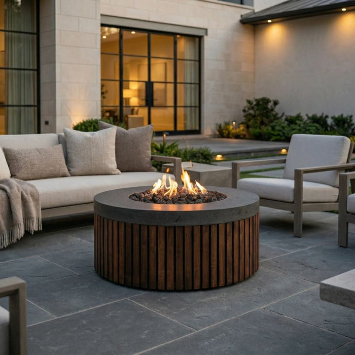 Hampton Fire Bowl – 48" Round Gas Fire Pit with Brazilian Hardwood & Concrete (65,000 BTUs, Propane/Natural Gas)