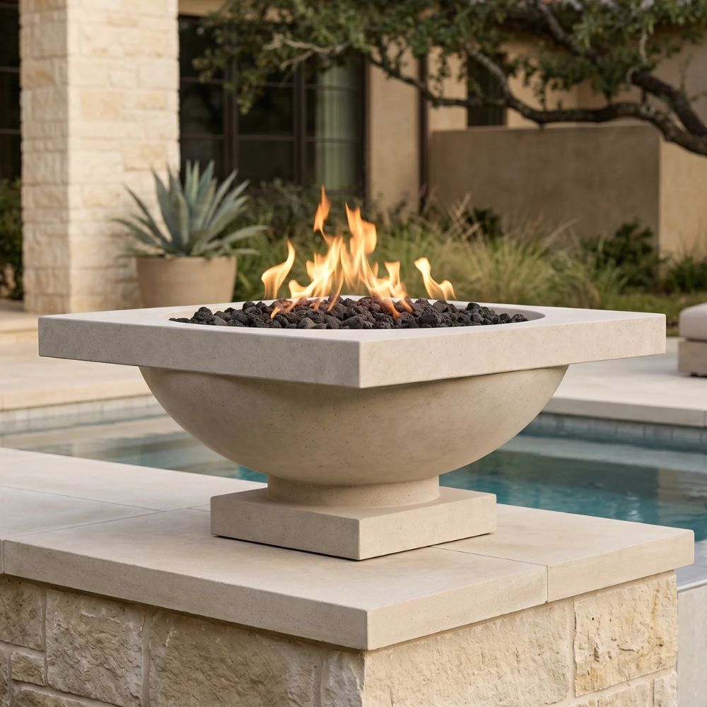 Ibiza Fire Bowl – 31" Pedestal Concrete Outdoor Fire Pit (65,000 BTUs, Natural Gas or Propane)
