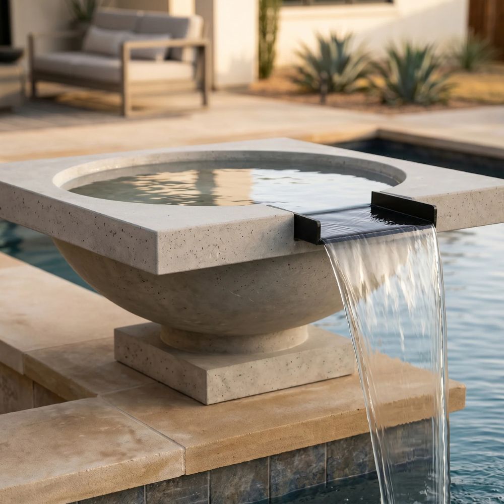 Ibiza Water Bowl – 31" Pedestal Concrete Outdoor Water Feature with 11" Scupper