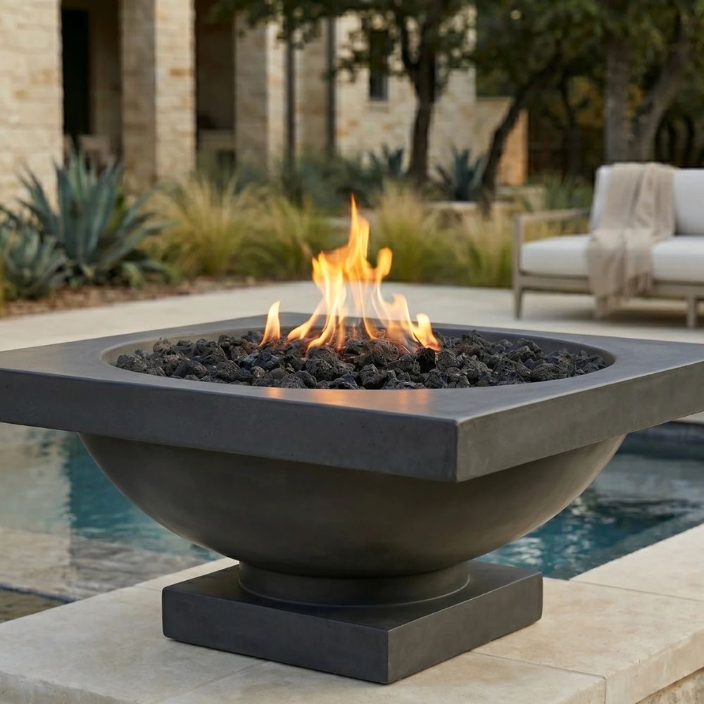Ibiza Fire Bowl – 31" Pedestal Concrete Outdoor Fire Pit (65,000 BTUs, Natural Gas or Propane)