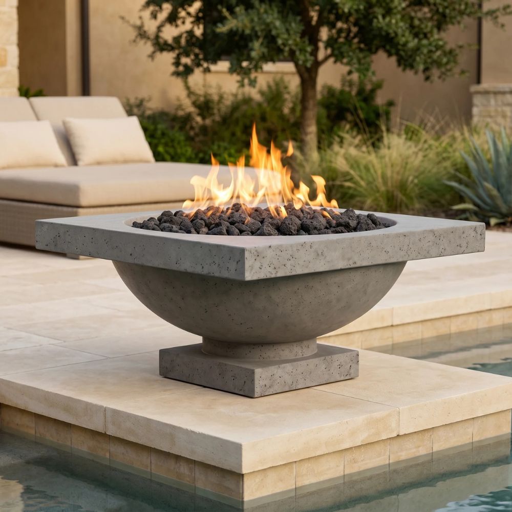 Ibiza Fire Bowl – 31" Pedestal Concrete Outdoor Fire Pit (65,000 BTUs, Natural Gas or Propane)