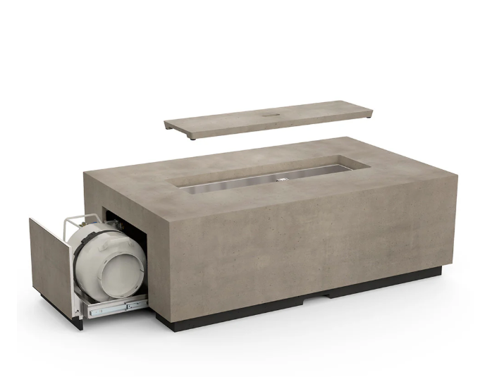 Legend LP Fire Table - 60" x 36" GFRC Outdoor Propane Fire Pit, Coffee-Table Height, 36" Stainless Linear Burner (LP Only, Manual Flame Sensing, Hidden Tank Drawer)