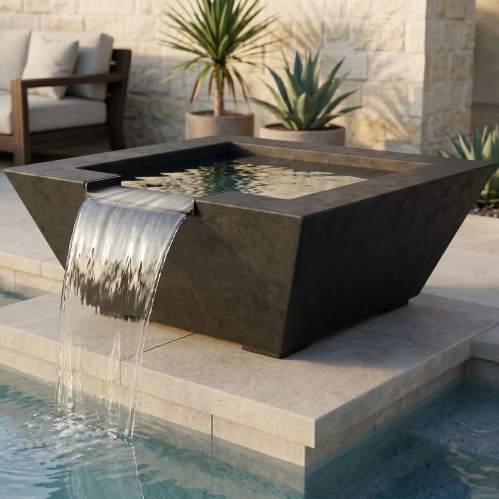 Lombard-P Water Bowl – 29" Concrete Poolside Water Feature with 11" Scupper