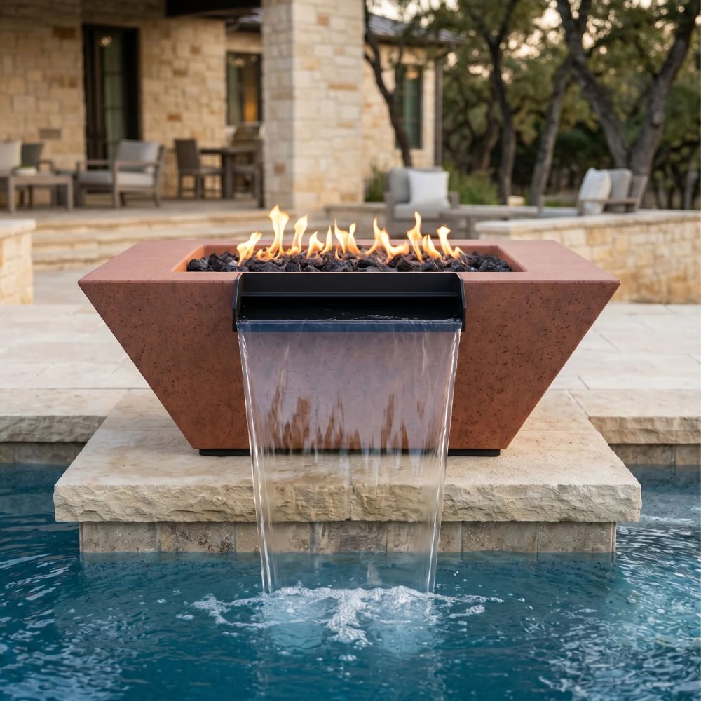 Lombard-P Fire & Water Bowl – 29" Concrete Poolside Fire and Water Feature (65,000 BTUs, NG or Propane)