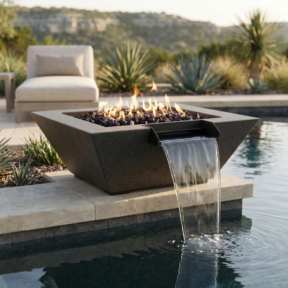 Lombard-P Fire & Water Bowl – 29" Concrete Poolside Fire and Water Feature (65,000 BTUs, NG or Propane)