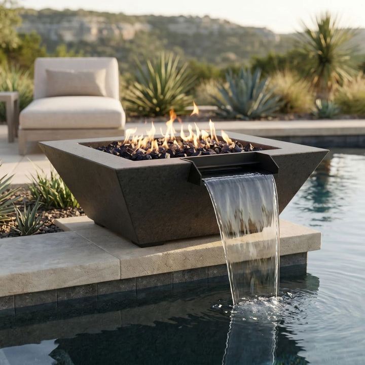 Lombard-P Fire & Water Bowl – 29" Concrete Poolside Fire and Water Feature (65,000 BTUs, NG or Propane)