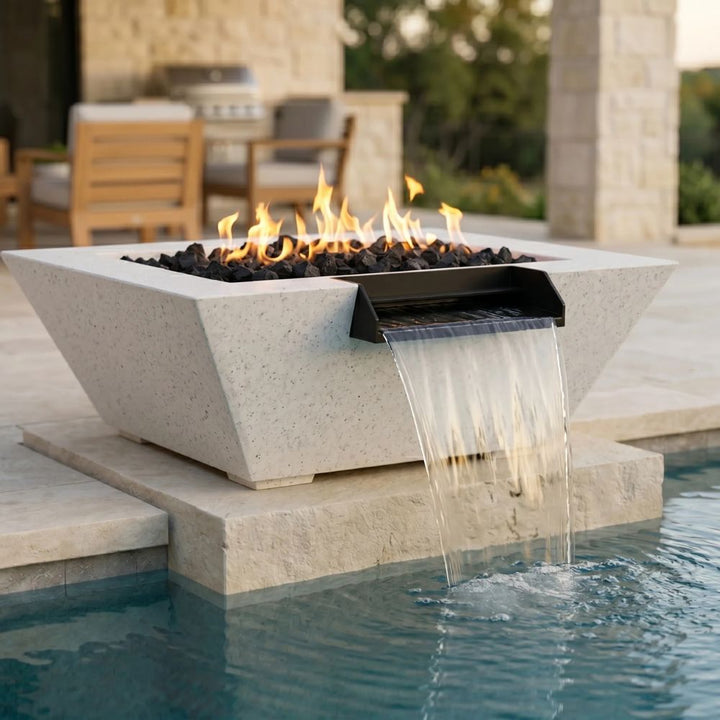 Lombard-P Fire & Water Bowl – 29" Concrete Poolside Fire and Water Feature (65,000 BTUs, NG or Propane)