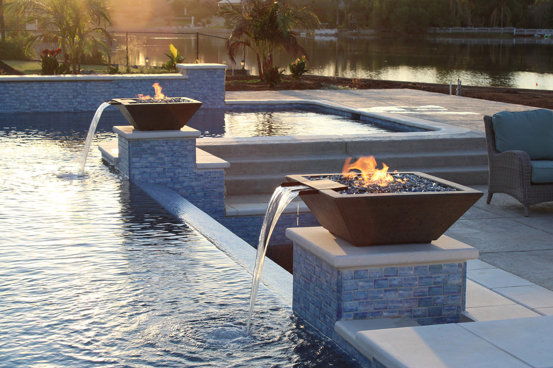 Lombard-P Fire & Water Bowl – 29" Concrete Poolside Fire and Water Feature (65,000 BTUs, NG or Propane)