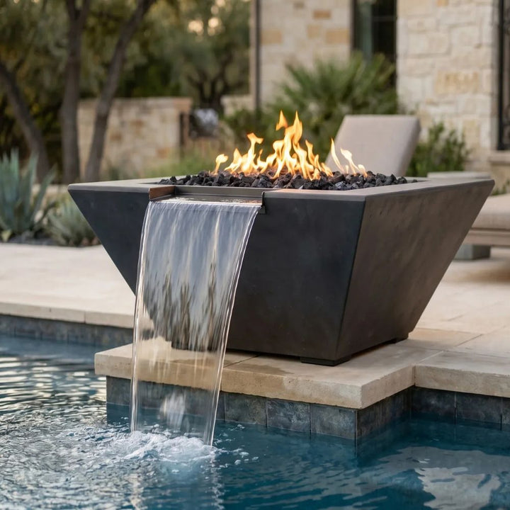 Lombard-P Tall Fire & Water Bowl – 32" Concrete Poolside Fire and Water Feature (65,000 BTUs, NG or Propane)