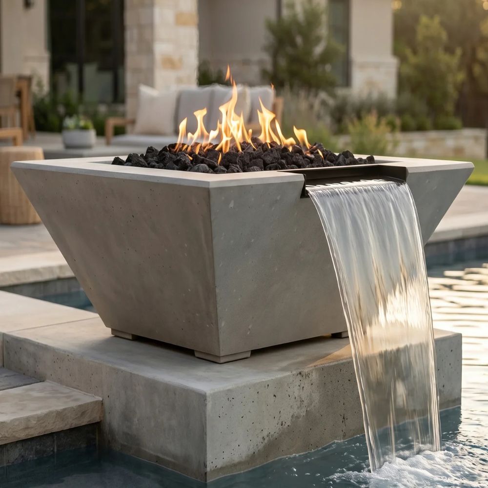 Lombard-P Tall Fire & Water Bowl – 32" Concrete Poolside Fire and Water Feature (65,000 BTUs, NG or Propane)