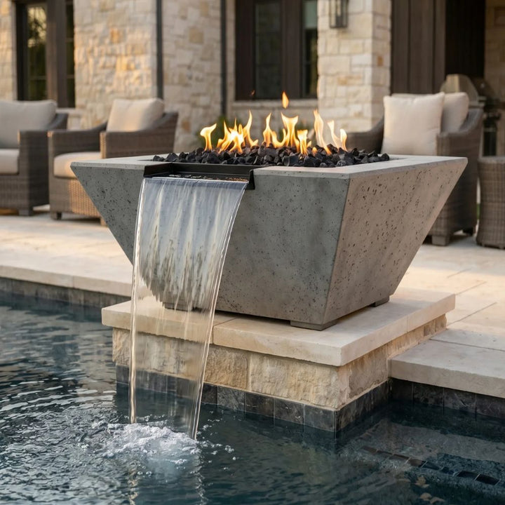 Lombard-P Tall Fire & Water Bowl – 32" Concrete Poolside Fire and Water Feature (65,000 BTUs, NG or Propane)