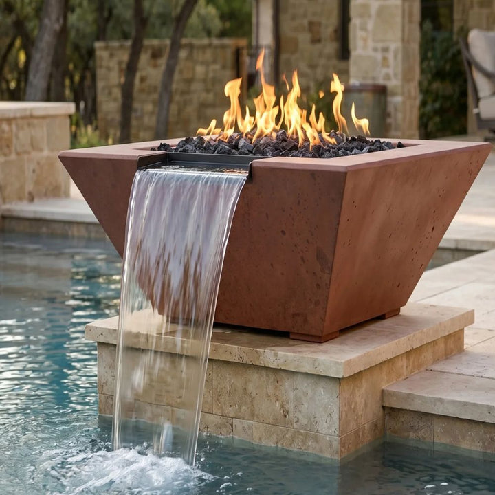 Lombard-P Tall Fire & Water Bowl – 32" Concrete Poolside Fire and Water Feature (65,000 BTUs, NG or Propane)