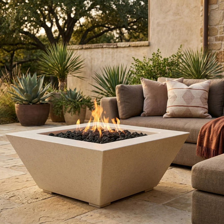Lombard Fire Table – 65,000 BTU Square Outdoor Gas Fire Pit in Handcrafted Pewter Finish
