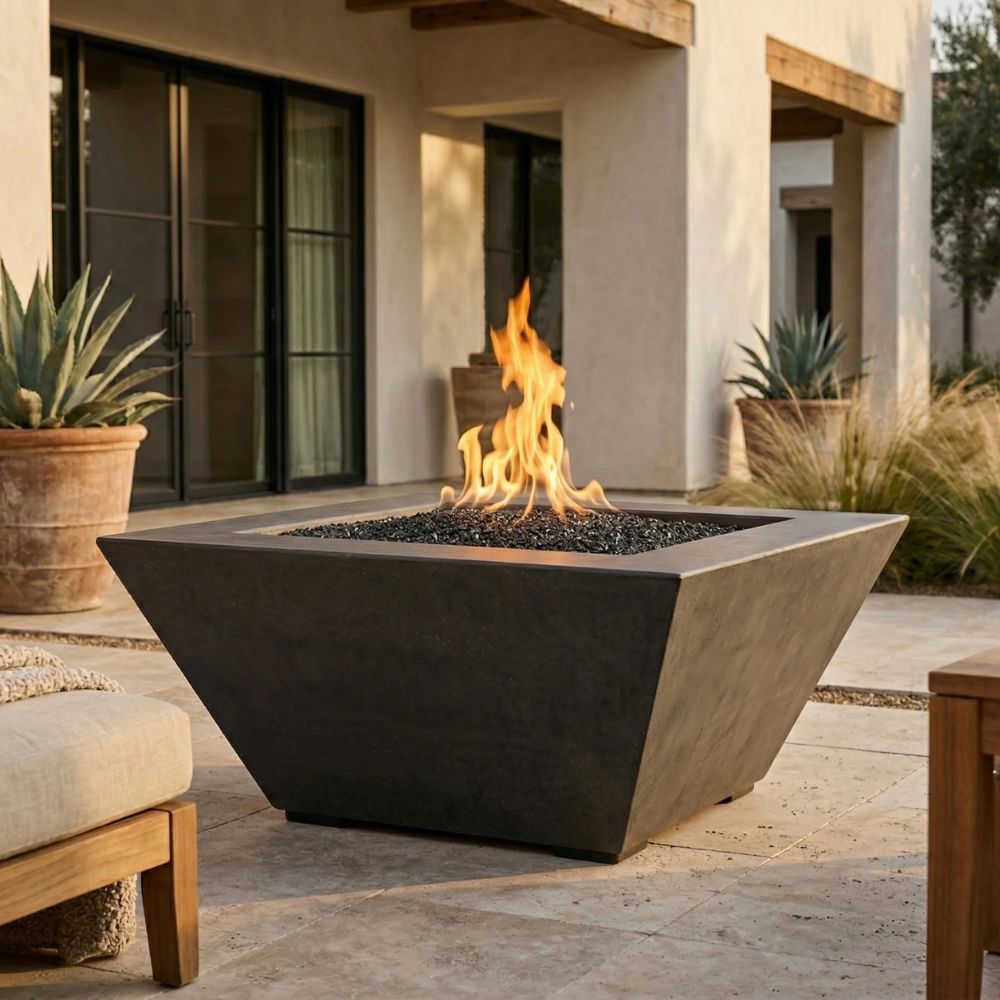 Lombard Fire Table – 65,000 BTU Square Outdoor Gas Fire Pit in Handcrafted Pewter Finish