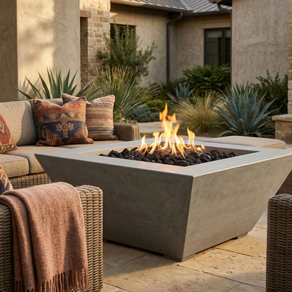 Lombard Fire Table – 65,000 BTU Square Outdoor Gas Fire Pit in Handcrafted Pewter Finish
