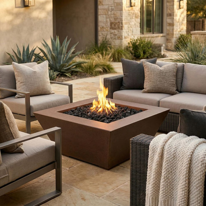 Lombard Fire Table – 65,000 BTU Square Outdoor Gas Fire Pit in Handcrafted Pewter Finish