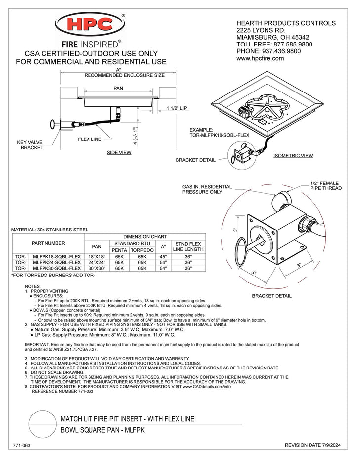 HPC - 18" Square Bowl Match Lit Fire Pit Kit Insert - Propane Fuel (Small Tank)