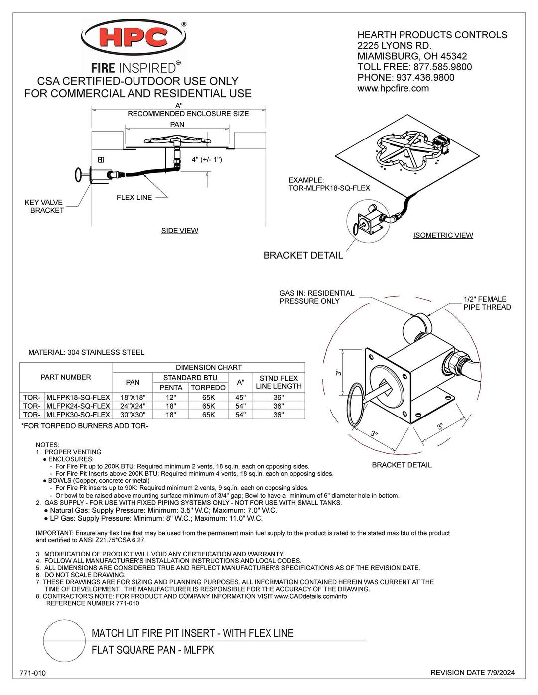 HPC - 18" Square Flat Pan Match Lit Fire Pit Kit Insert - Propane Fuel (Small Tank)