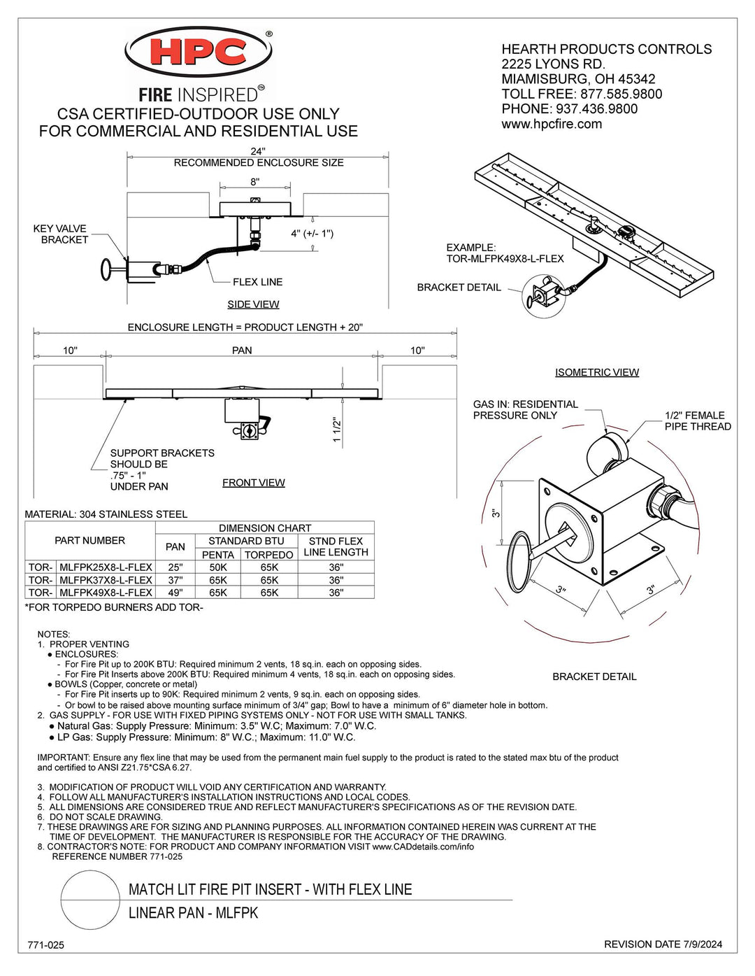 HPC 25" x 8" SST Torpedo Linear Interlink Pan - Match Lit Fire Pit Insert - Propane Fuel