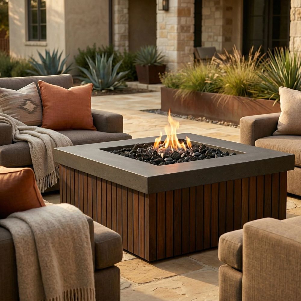 Manchester Fire Table – 42" Square Gas Fire Pit with Brazilian Hardwood & Concrete (65,000 BTUs, Propane/Natural Gas)