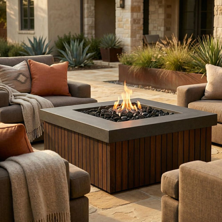 Manchester Fire Table – 42" Square Gas Fire Pit with Brazilian Hardwood & Concrete (65,000 BTUs, Propane/Natural Gas)