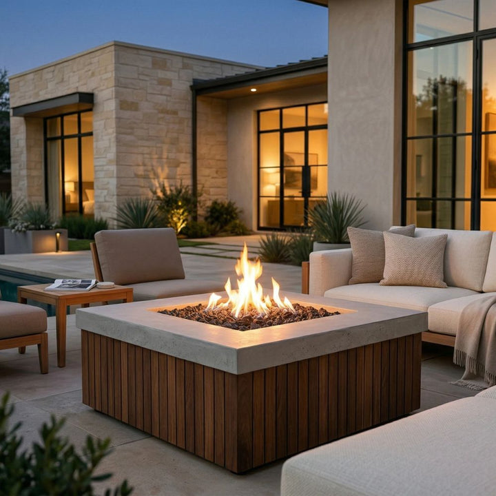Manchester Fire Table – 42" Square Gas Fire Pit with Brazilian Hardwood & Concrete (65,000 BTUs, Propane/Natural Gas)