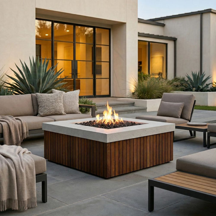 Manchester Fire Table – 42" Square Gas Fire Pit with Brazilian Hardwood & Concrete (65,000 BTUs, Propane/Natural Gas)