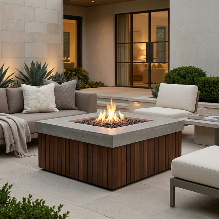 Manchester Fire Table – 42" Square Gas Fire Pit with Brazilian Hardwood & Concrete (65,000 BTUs, Propane/Natural Gas)