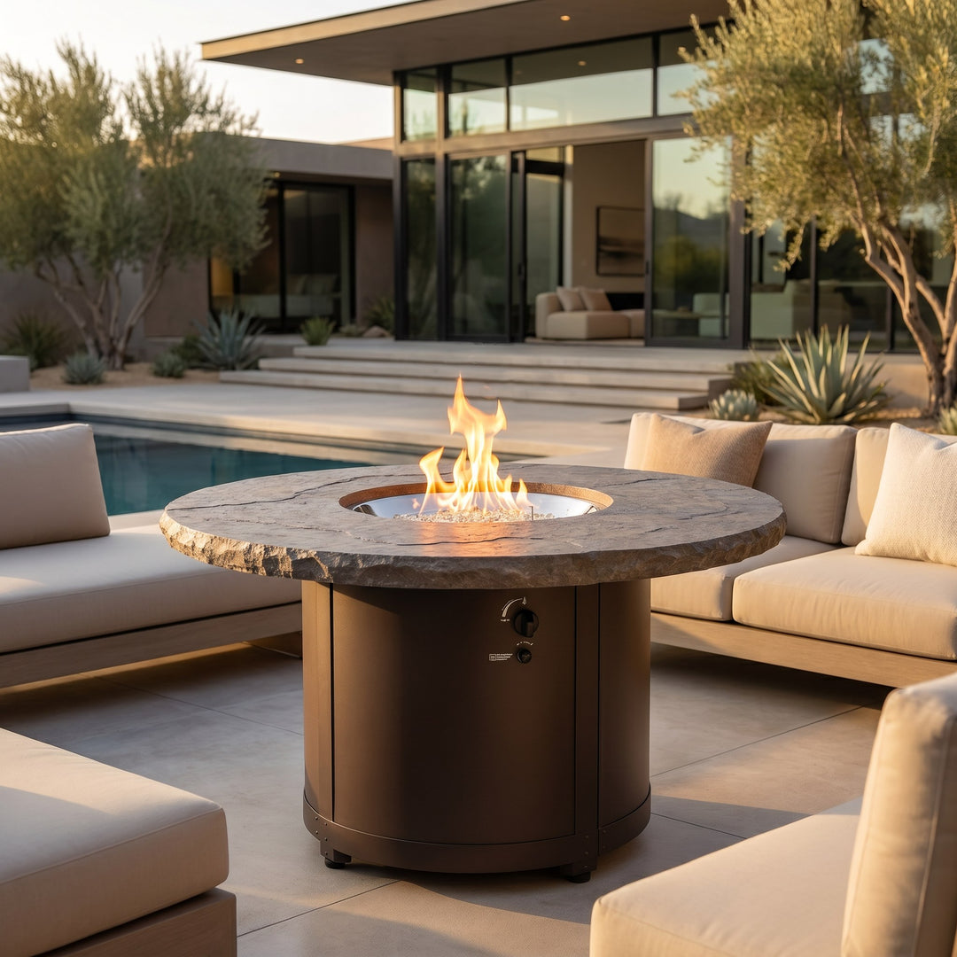 Outdoor Greatroom - Marbleized Noche Beacon Fire Pit Table