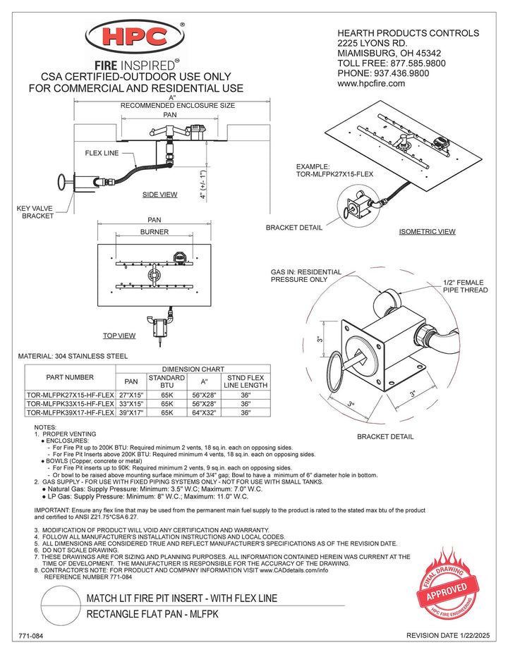 HPC 33" X 15" Rectangle Flat - SST Torpedo Match Lit H-Burner Insert - Propane Fuel
